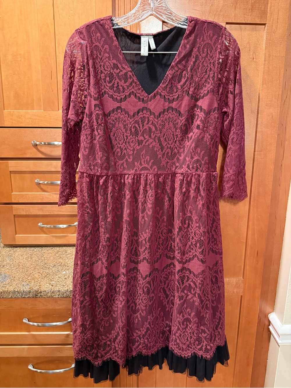 sahalie Burgundy Lace Midi Dress with Black Lining